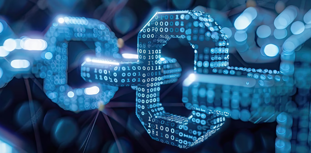 Digital blockchain links made of binary code